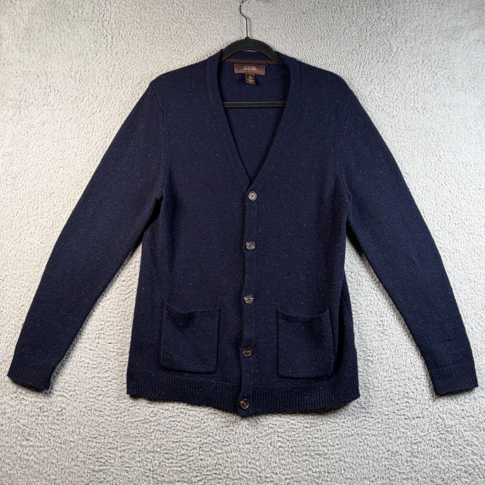 Tasso Elba Mens Navy Lambswool Blend Cardigan Elbow Patches Preppy Classic Small